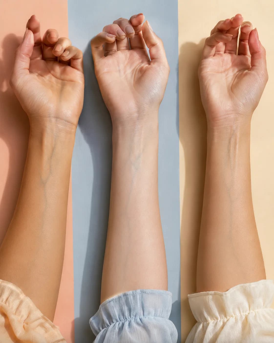 Three forearms side by side on peach, blue and cream, showing green, blue and ambiguous veins
