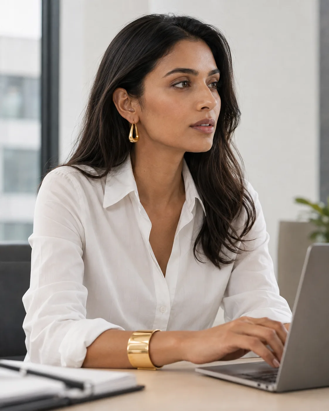The same drop earrings and cuff worn with a white shirt at a laptop