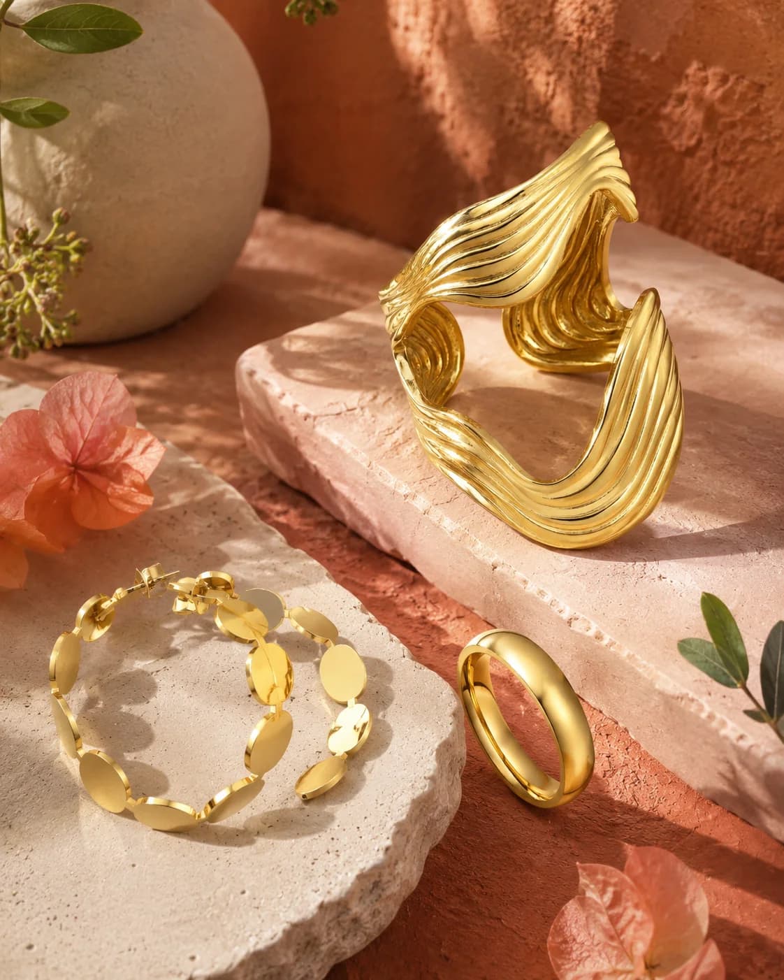 A sculptural cuff, Orbit Hoops and Form Ring on warm stone in sunlight