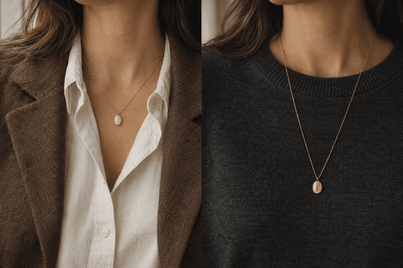 Side-by-side necklace placement: a short pendant inside an open shirt on the left, and a longer pendant over a charcoal crewneck on the right