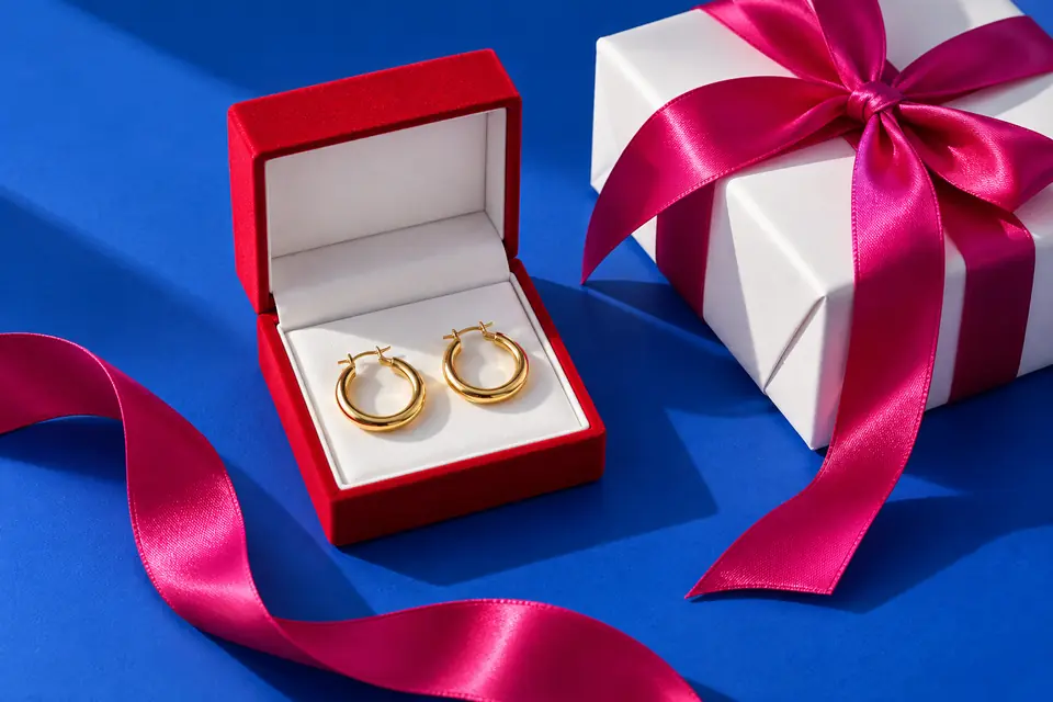 Gold hoops in a cherry-red gift box on a cobalt surface beside a white gift with fuchsia ribbon