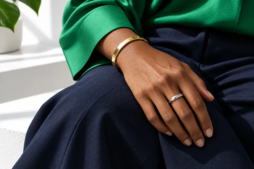 Gold cuff and silver ring worn together with an emerald sleeve and navy trousers