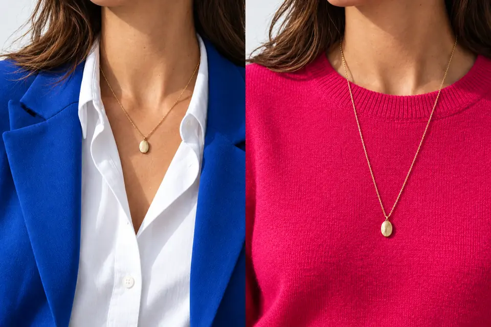 Gold pendant inside a white shirt with a cobalt blazer, compared with a long pendant over a raspberry crewneck
