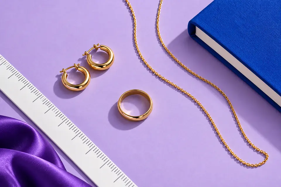 Gold hoops, ring and chain on a lavender surface beside a white ruler and cobalt notebook